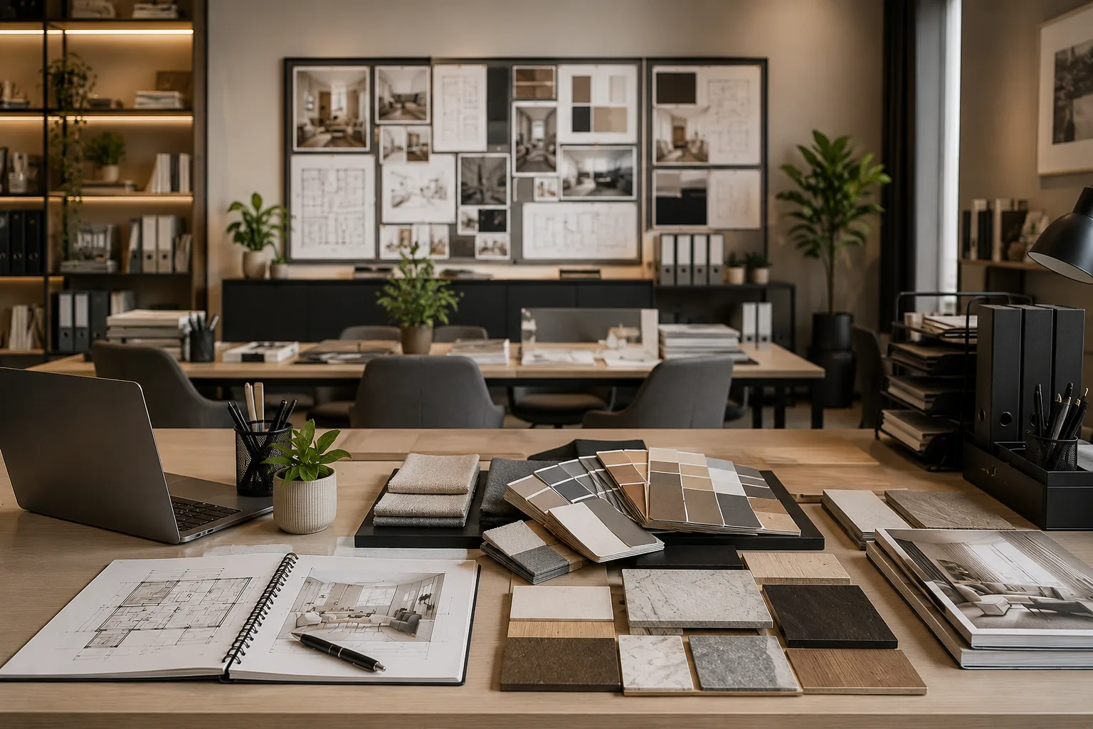 مكتب تصميم داخلي يحتوي على مخططات وعينات ضمن صفحة دورة إدارة مكتب تصميم داخلي وديكور