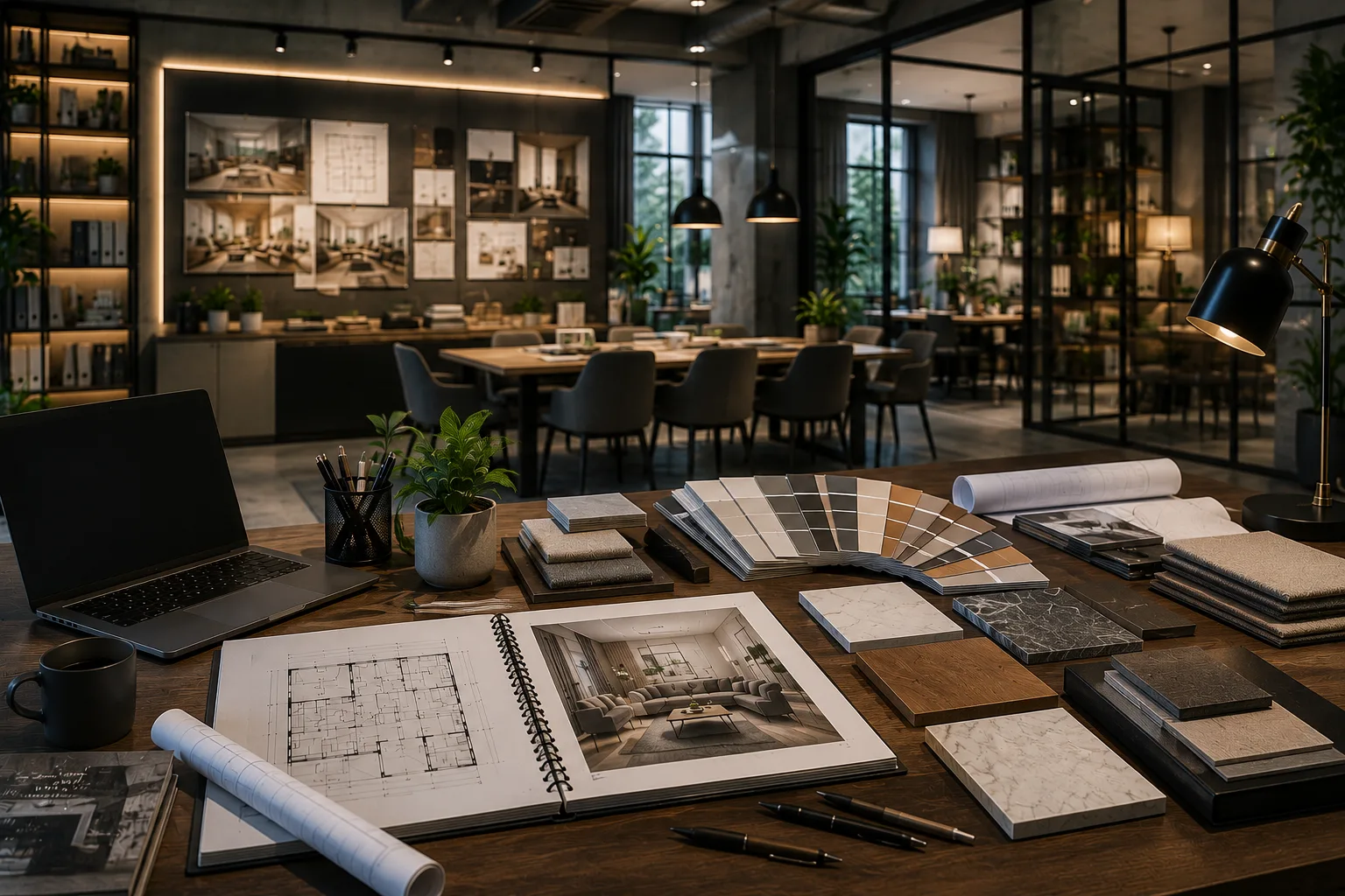 مكتب مشروع تصميم داخلي يحتوي على مخططات وعينات ضمن صفحة إدارة وتنفيذ مشاريع التصميم الداخلي والديكور